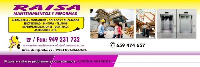 Una pancarta amarilla y morada para el mantenimiento y las reparaciones de Raisa.