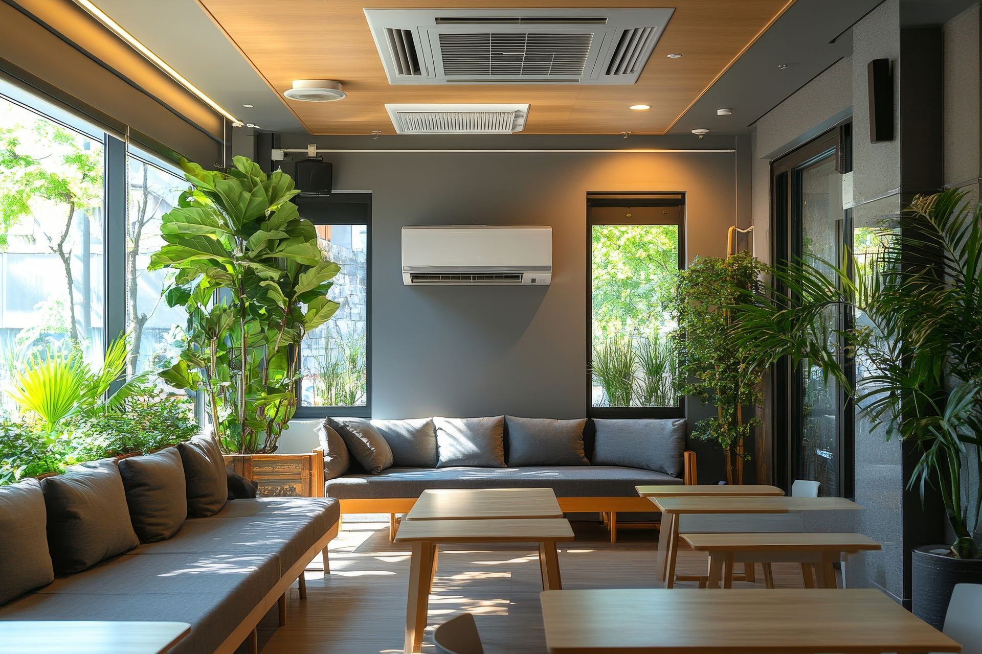 Espace lounge intérieur avec canapés gris, tables basses en bois et plantes.