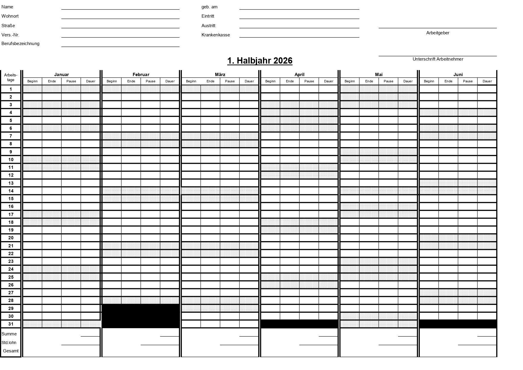 Leeres Anwesenheitsblatt mit Spalten für Datum, Namen und Anwesenheitsnachweis. Schwärzliche Zellen zeigen Abwesenheiten an.