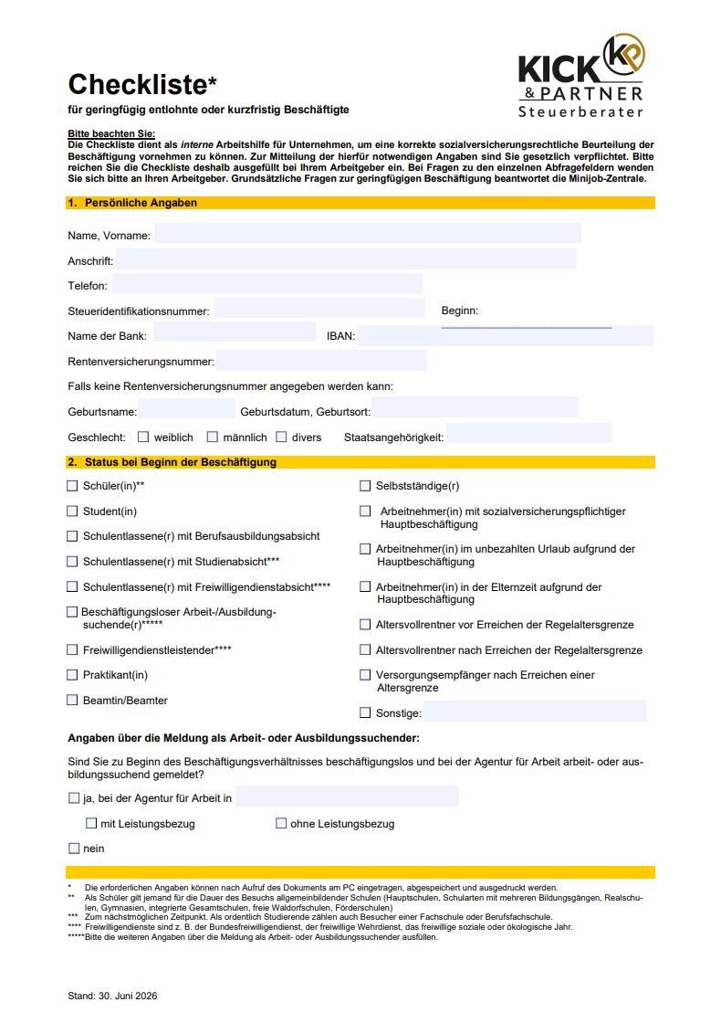 Checklistenformular von Kick & Partner, mit Feldern für Informationen und Kontrollkästchen für Aufgaben.