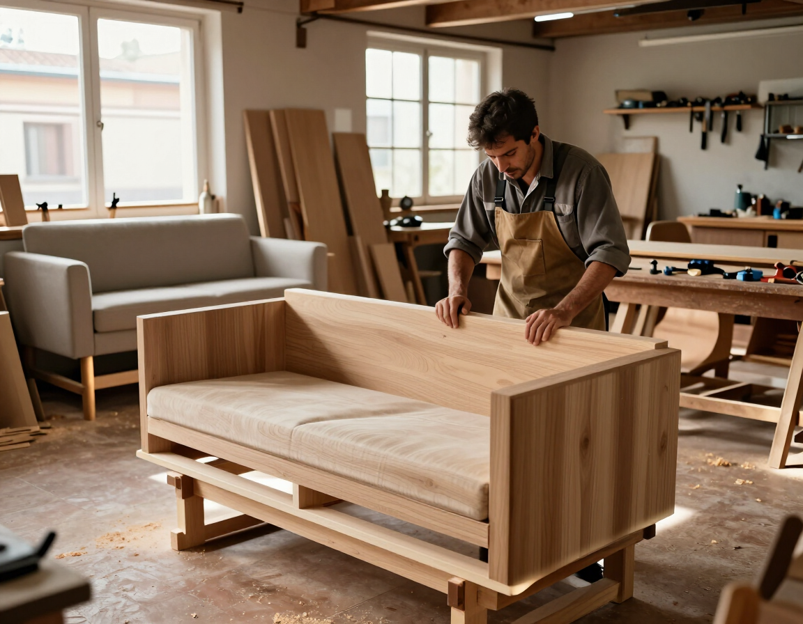 Un carpintero monta un sofá de madera clara en un taller, rodeado de herramientas y piezas de mobiliario
