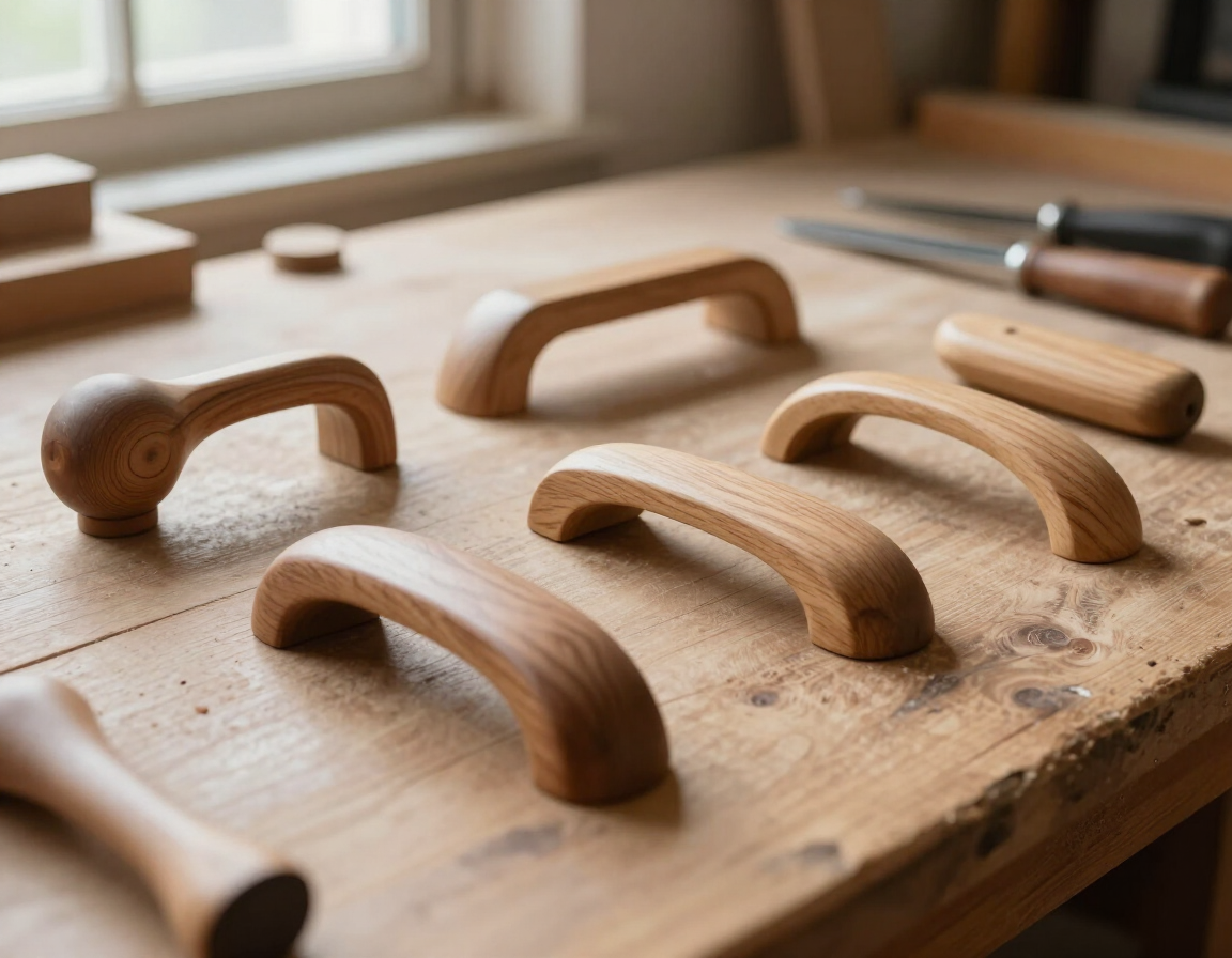 Tiradores de madera para armarios y cajones dispuestos sobre una mesa de taller junto a una ventana