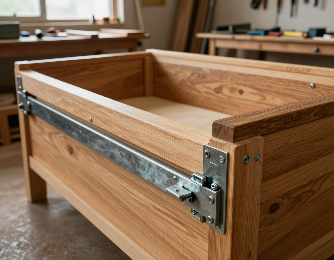 Caja de madera para cajón con herrajes metálicos para las guías, sobre el suelo de un taller