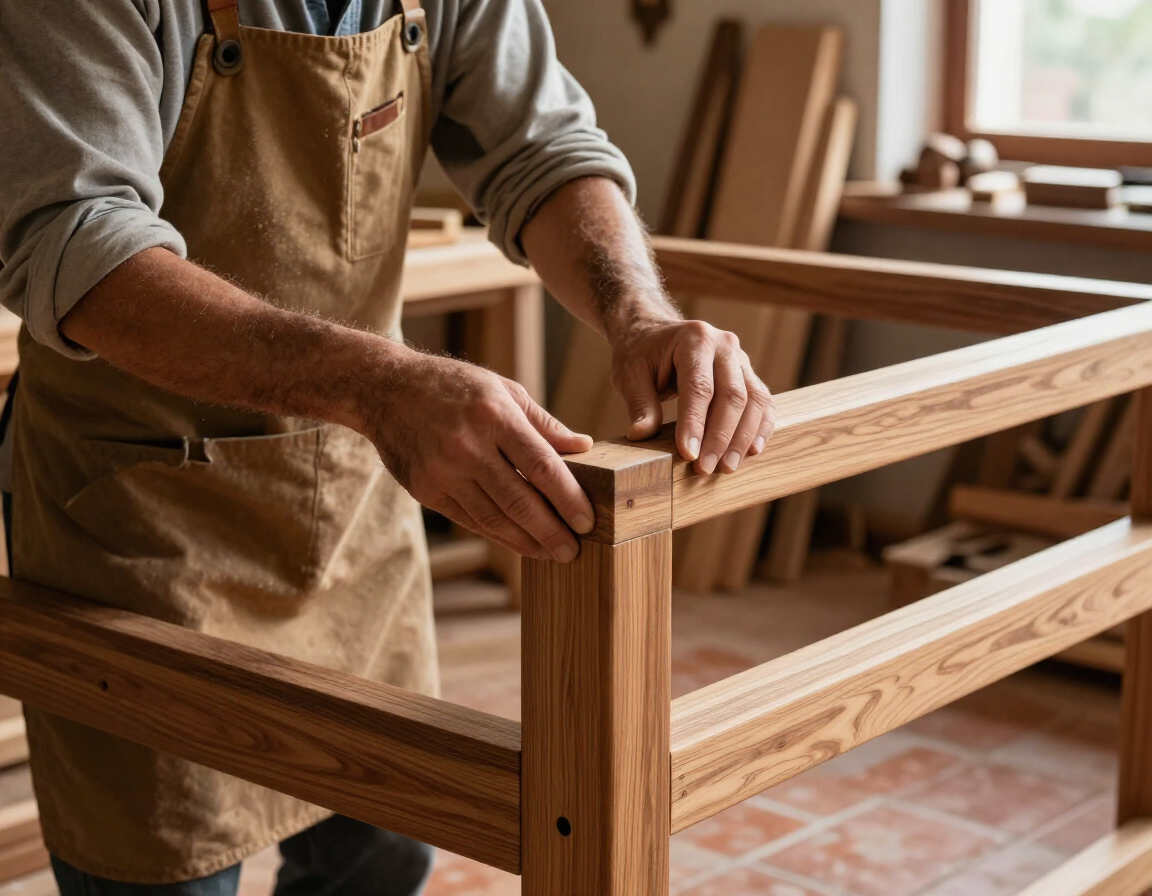 Carpintero montando un marco de madera en un taller, alineando tablones sobre un banco de trabajo.