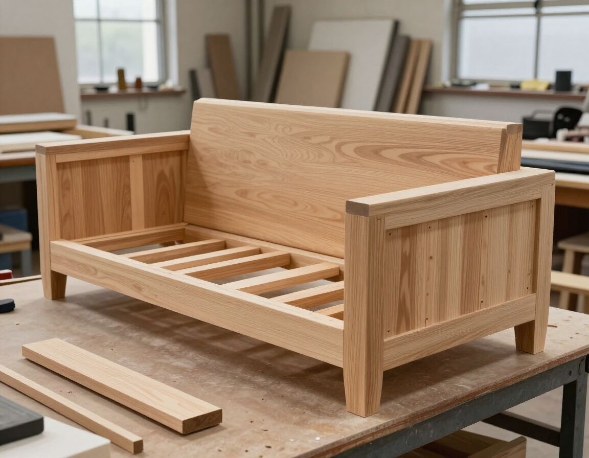 Estructura de cama turca de madera parcialmente montada sobre una mesa de taller, con listones de madera sueltos cerca