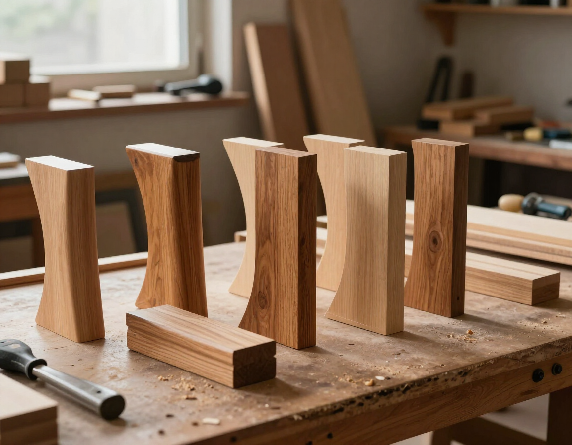 Piezas de carpintería de madera dispuestas sobre un banco de trabajo en un taller de carpintería