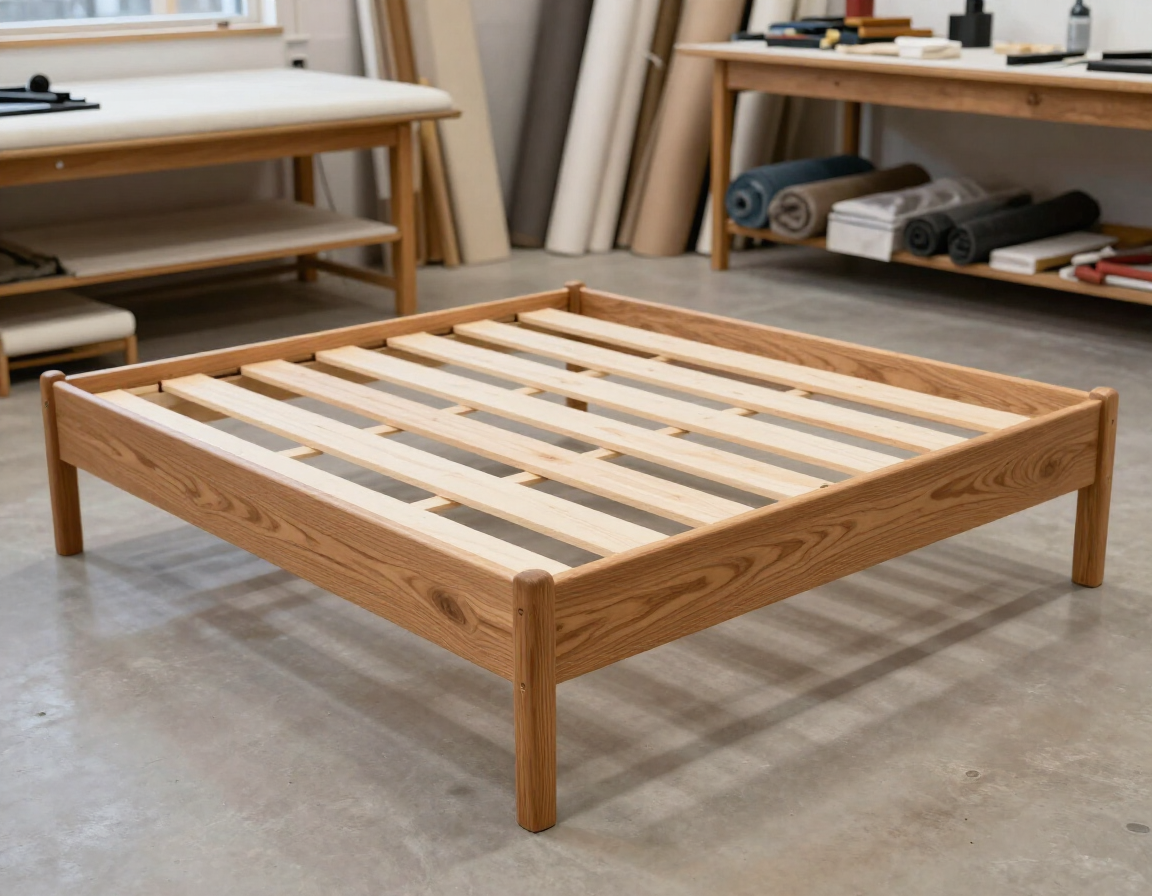 Estructura de cama de madera con listones blancos en un taller, sin terminar y a ras del suelo