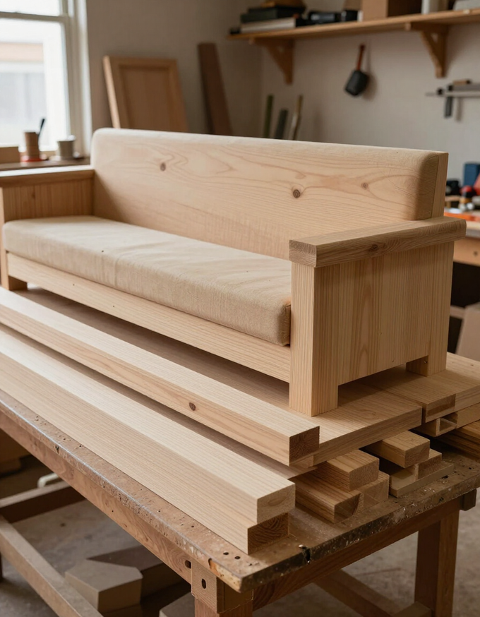 Estructura de sofá de madera y madera apilada sobre un banco de trabajo en un taller de carpintería