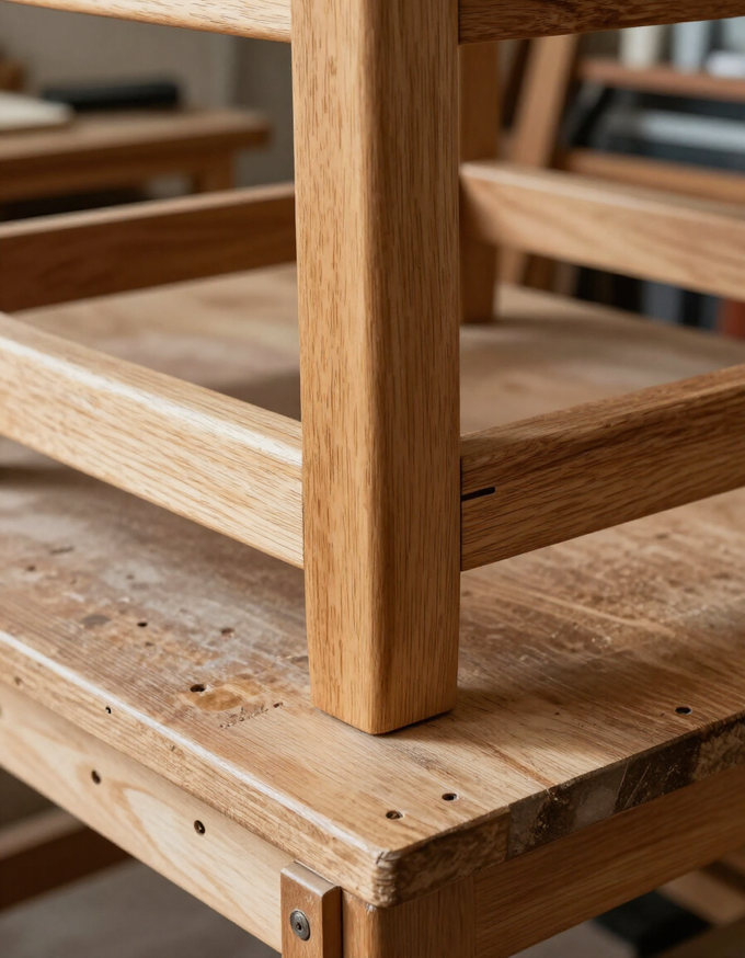 Primer plano de la pata de una silla de madera sobre un banco de trabajo rústico, donde se aprecia el detalle de las uniones.