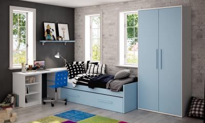 Un dormitorio con una cama, armario, escritorio y silla.