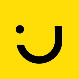 Icône de visage souriant noir sur fond jaune vif.