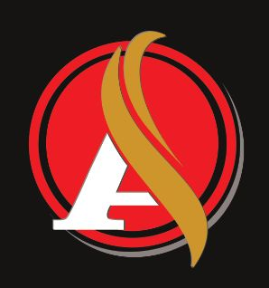 Logo mit roter und goldener Flamme über einem weißen Buchstaben „A“ auf einem roten Kreis.