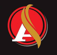 Logo mit roter und goldener Flamme über einem weißen Buchstaben „A“ auf einem roten Kreis.