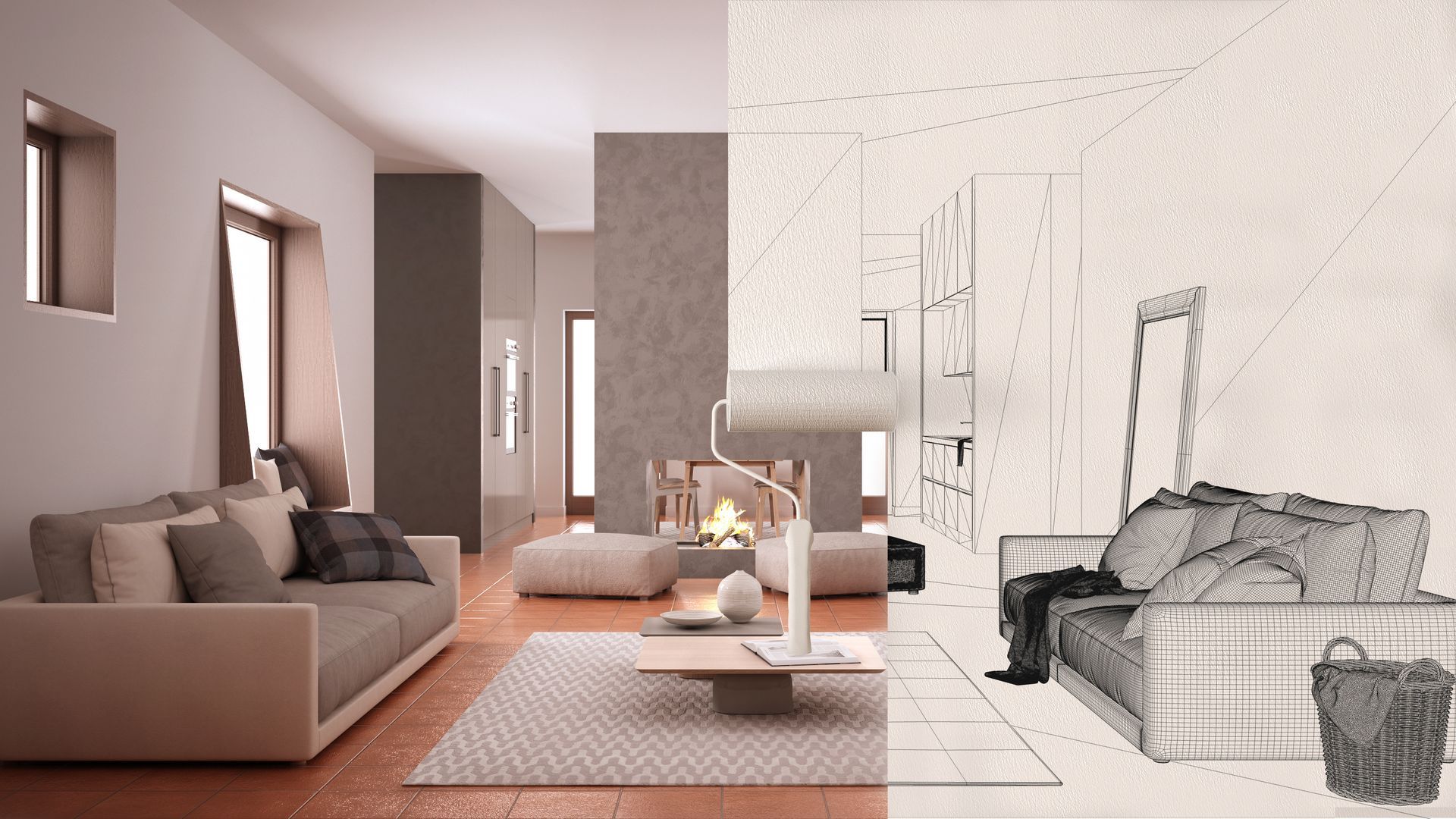 Ein Wohnzimmer mit Sofa, Sessel, Couchtisch und Kamin.