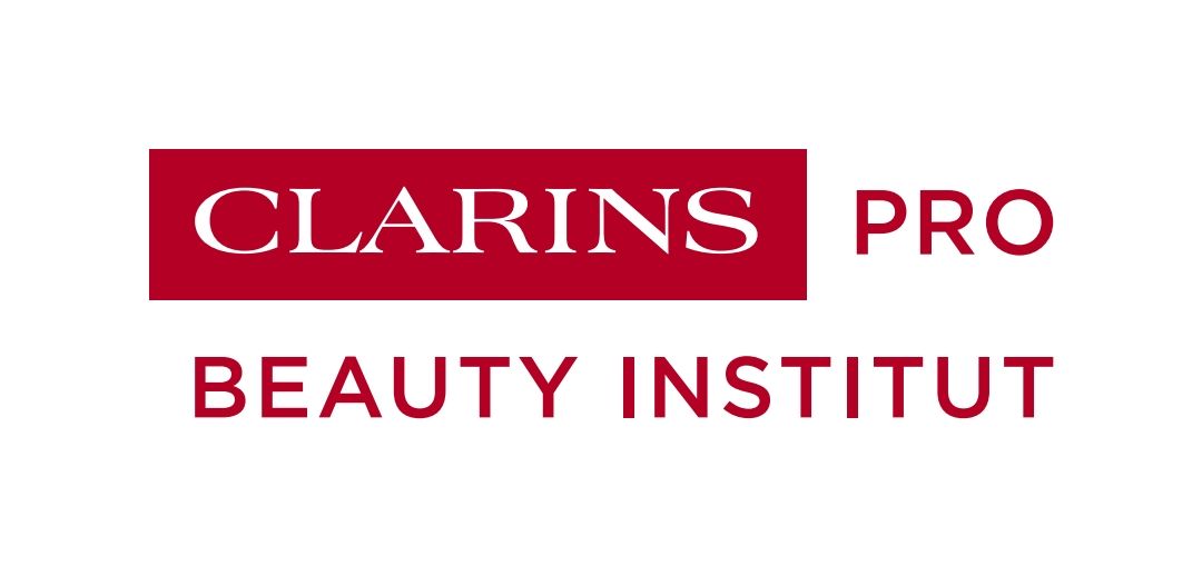 Logo des Clarins Pro Beauty Instituts, rotes Rechteck mit weißer Schrift auf weißem Hintergrund.