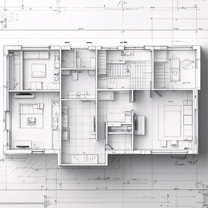 Vue du dessus d'un plan architectural, montrant un plan d'étage de maison avec des contours de meubles.