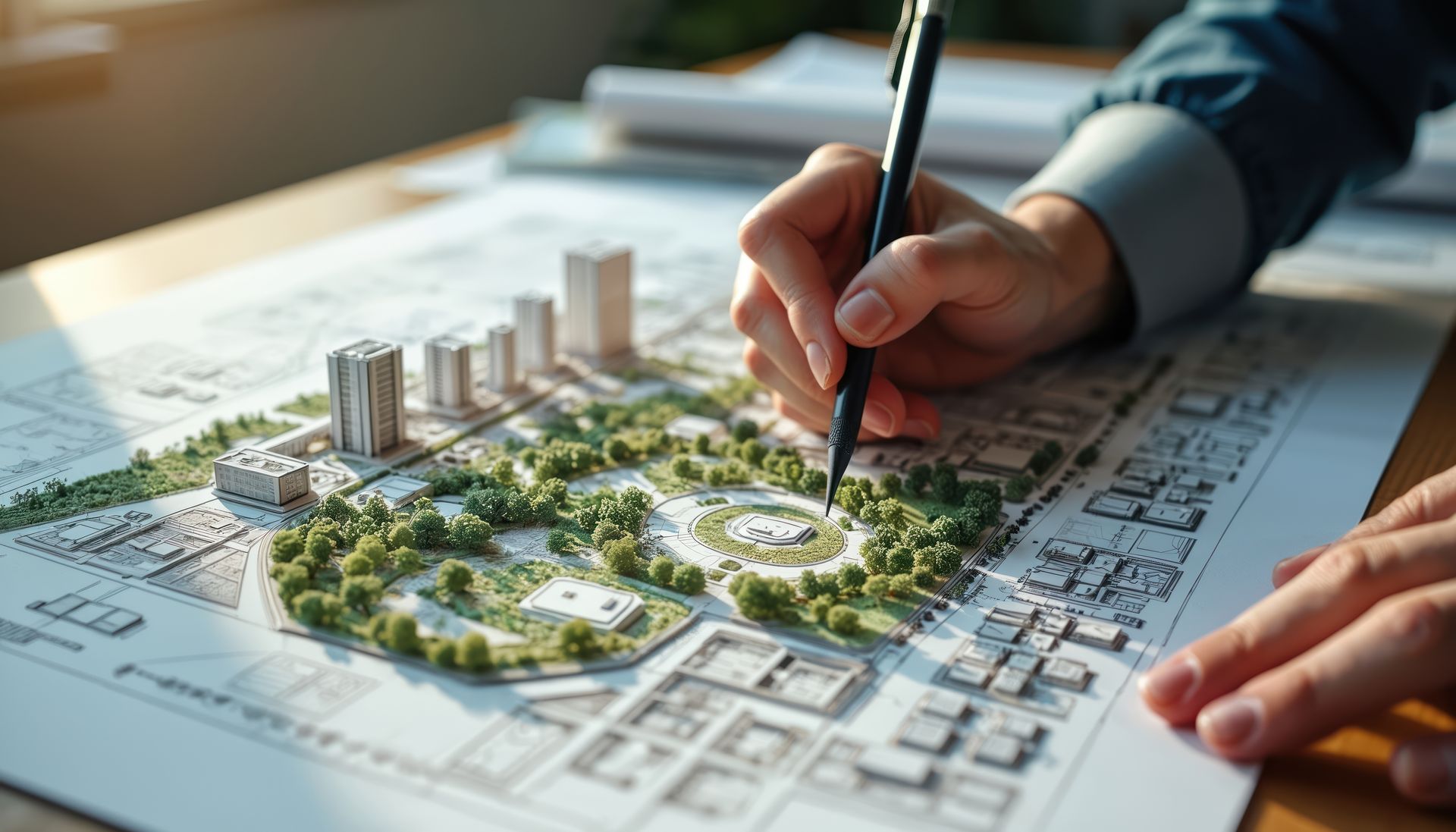 Main d'architecte dessinant au stylo un plan de bâtiment avec un modèle 3D d'un espace vert et de bâtiments.