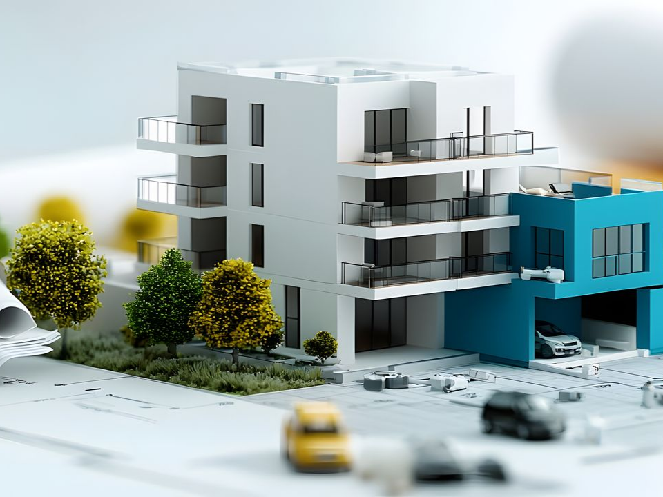 Maquette architecturale d'un immeuble d'appartements moderne.