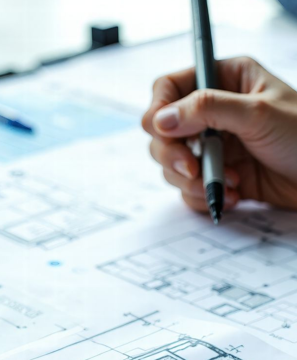 Main tenant un stylo, dessinant sur des plans architecturaux.