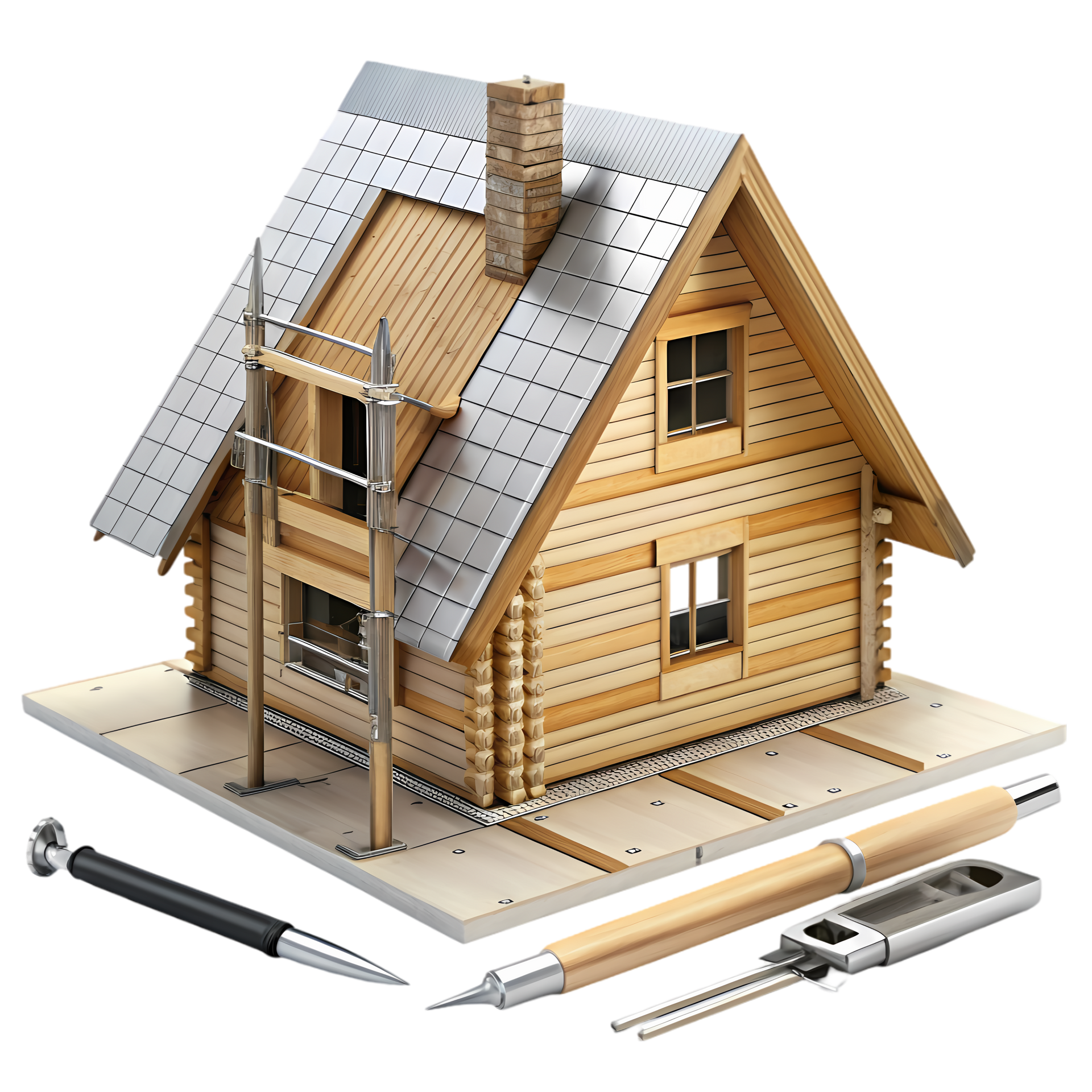 Cabane en bois en construction, avec outils et échelle sur une base en béton.