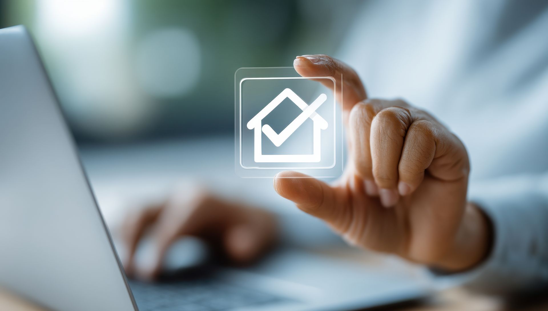 Une personne tient une icône de maison numérique avec une coche et travaille sur un ordinateur portable.