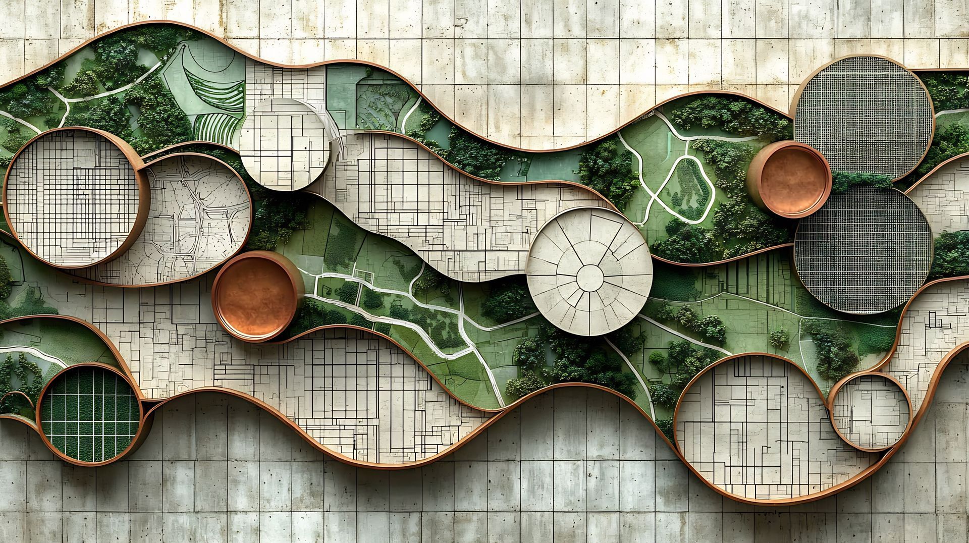 Art mural abstrait avec des cercles superposés et des lignes ondulantes.