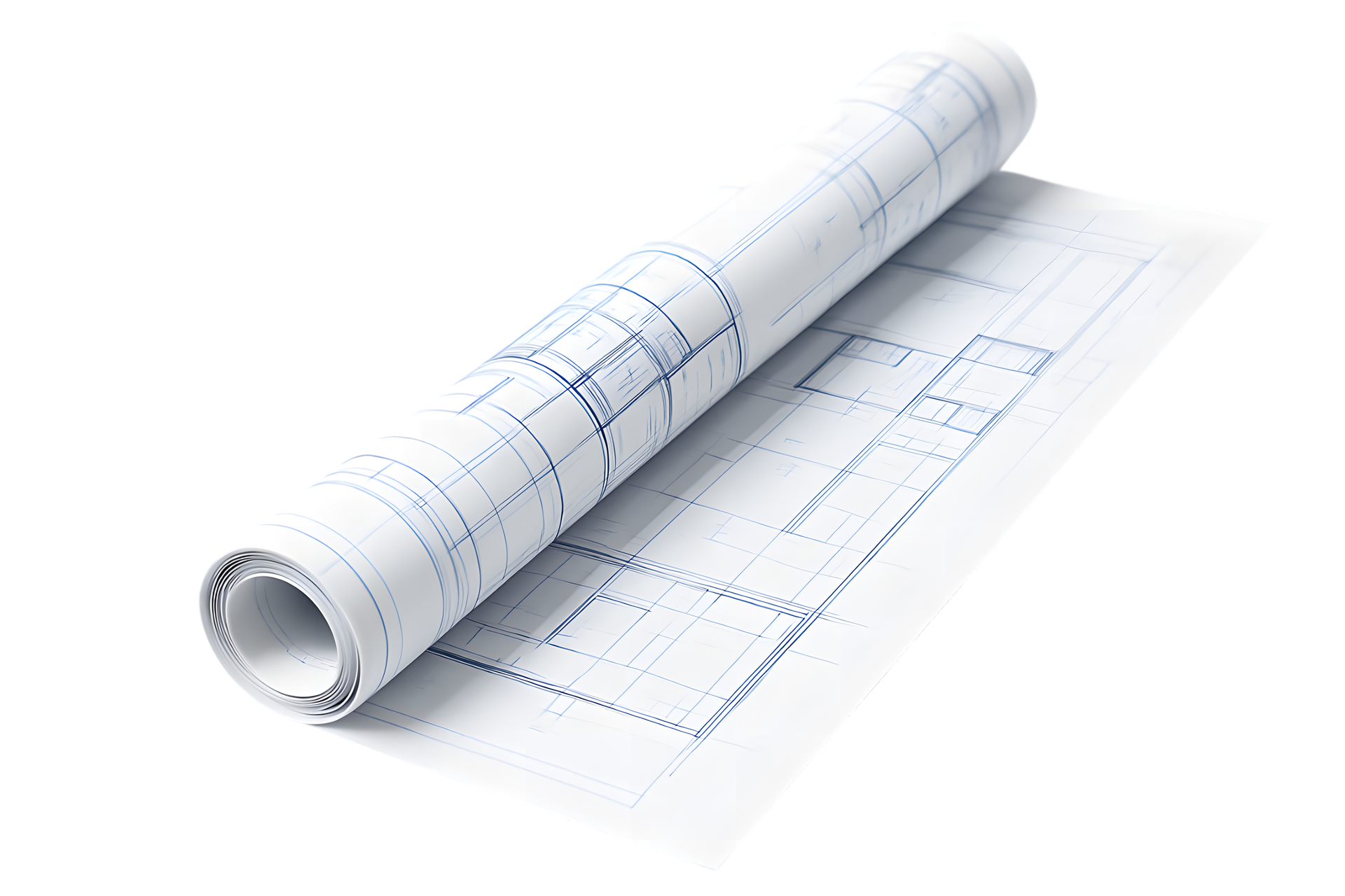 Rouleau de plans partiellement déroulé.