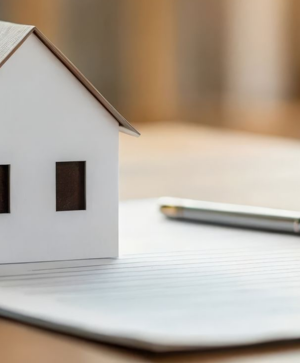 Modèle de maison blanche au sommet d'un contrat, à côté d'un stylo sur un bureau.