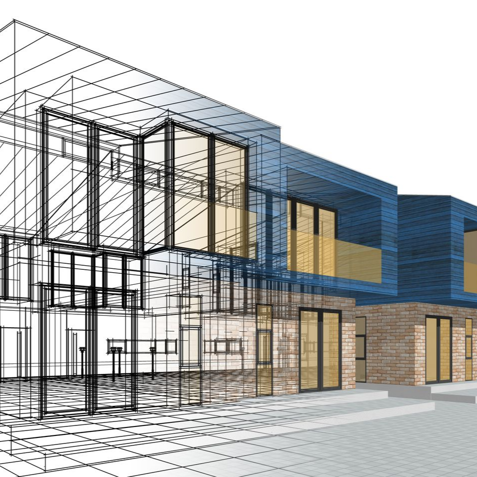 Rendu architectural de trois maisons de ville modernes, avec des couches filaires et colorées.
