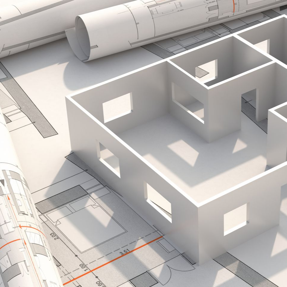 Plans architecturaux avec un modèle 3D d'un plan de bâtiment.