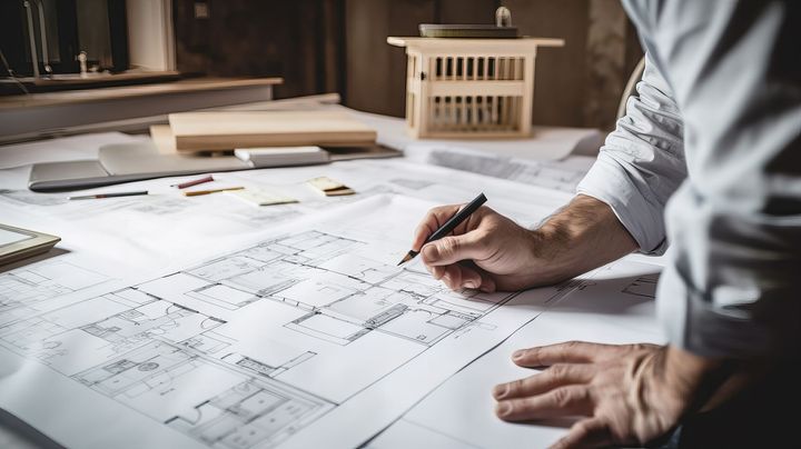 Personne esquissant des plans avec un stylo ; modèle miniature en bois et matériaux de construction sur une table.