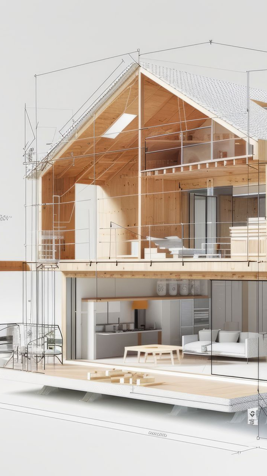 Une maison en bois posée sur un permis de construire.