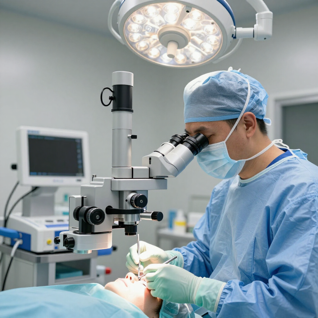 Un dentista con bata azul realiza un procedimiento bajo un microscopio en una clÃnica bien iluminada.