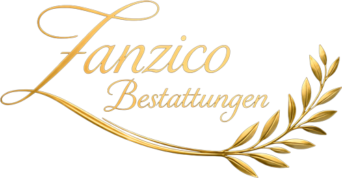 Goldenes „Lanzico Bestattungen“-Logo mit dekorativer Schreibschrift und Blattzweigornament