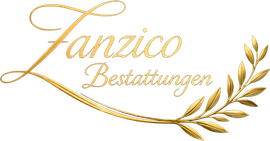 Goldenes „Zanzico Bestattungen“-Logo mit eleganter Schrift und Lorbeerzweigen auf weißem Hintergrund