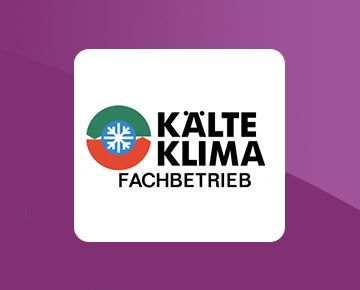 The logo for kalte klima fachbetrieb is on a purple background.
