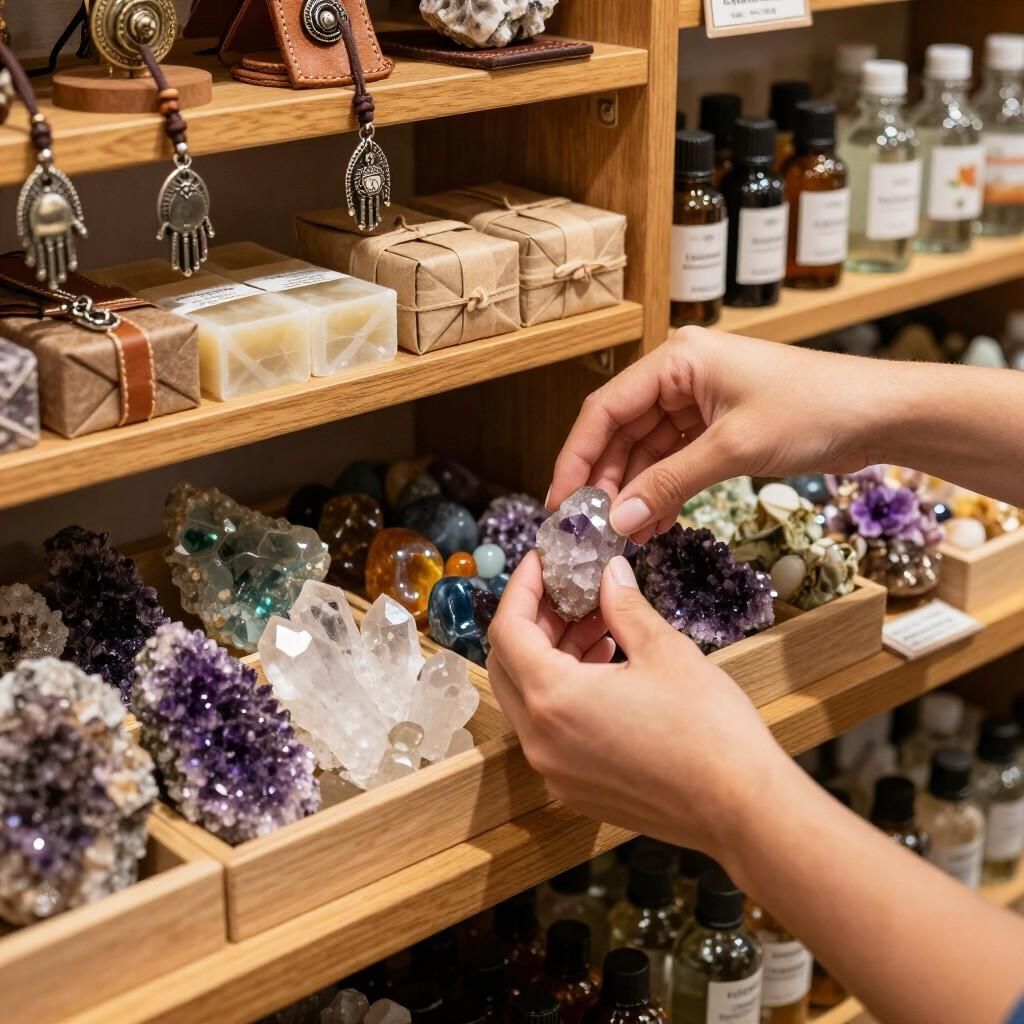 Manos examinando un cristal púrpura en el escaparate de una tienda de cristales con estantes llenos de piedras preciosas y botellas.