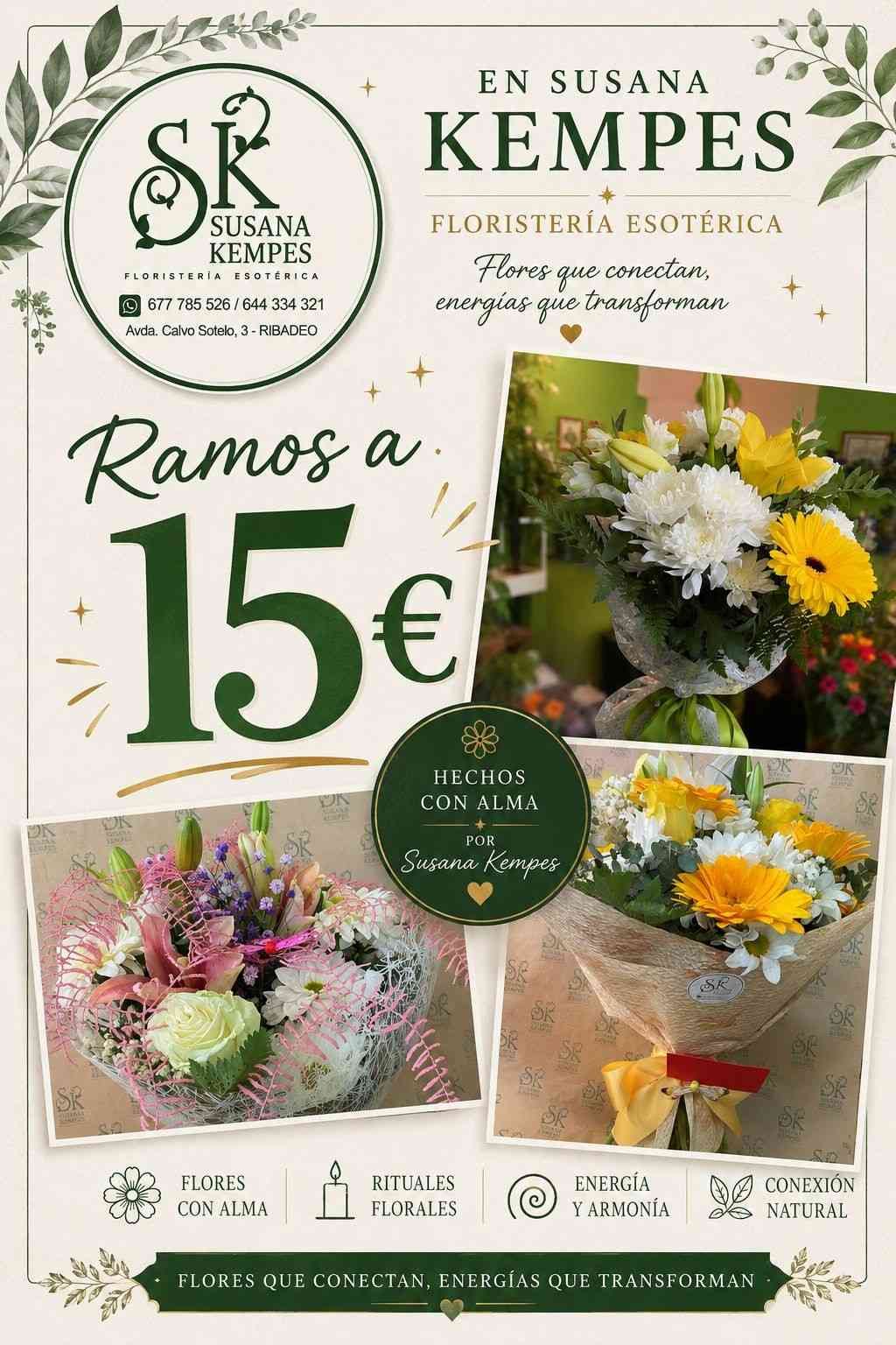 Anuncio de floristería de Ramos por 15€ con ramos de flores en blanco, amarillo, rosa y verde.