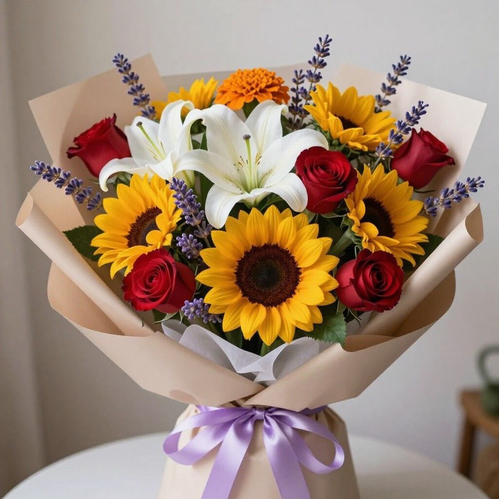 Ramo de girasoles, lirios blancos, rosas rojas y lavanda atado con una cinta morada.
