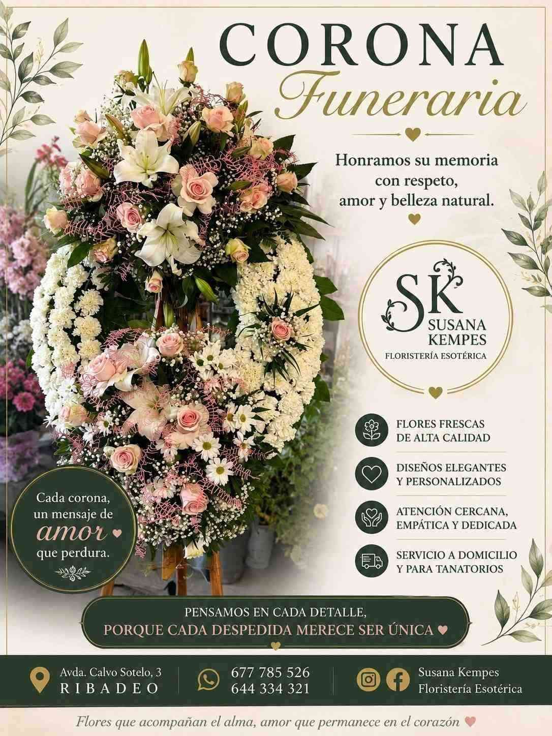 Anuncio de funeraria con coronas florales, fondo blanco y logotipo en verde y dorado para Corona Funeraria.
