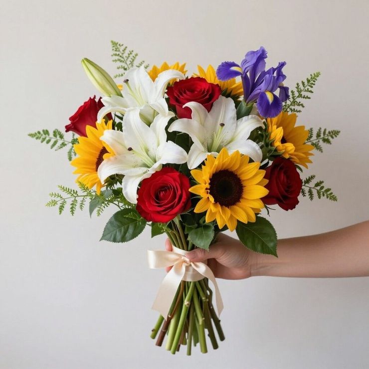 Ramo de mano con flores rojas, blancas, amarillas y moradas con una cinta.