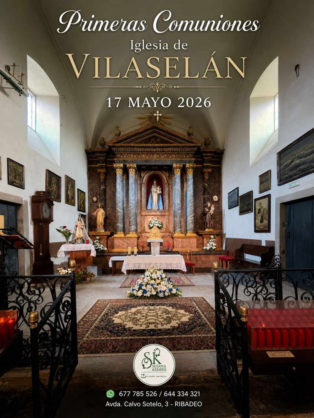 Primeras Comuniones en la iglesia de Vilaselán, 17 mayo 2026, altar decorado y nave central