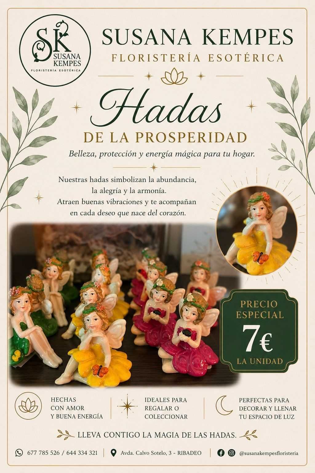 Cartel de Susana Kempes, floristería y herboristería, sobre hadas de la prosperidad y precio de 7 €