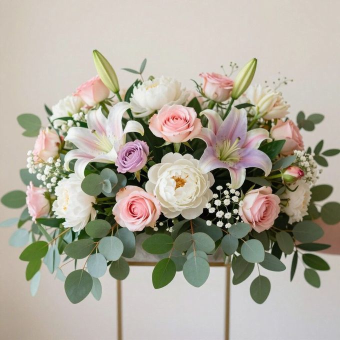 Arreglo floral rosa y blanco con follaje en un soporte dorado.