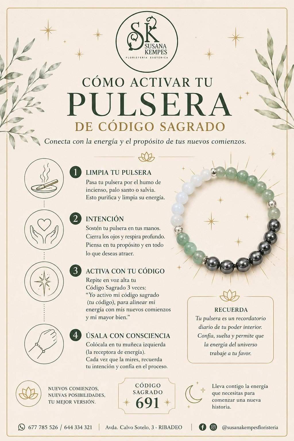 Infografía en español sobre cómo activar una pulsera de código sagrado, con pulsera verde y negra.