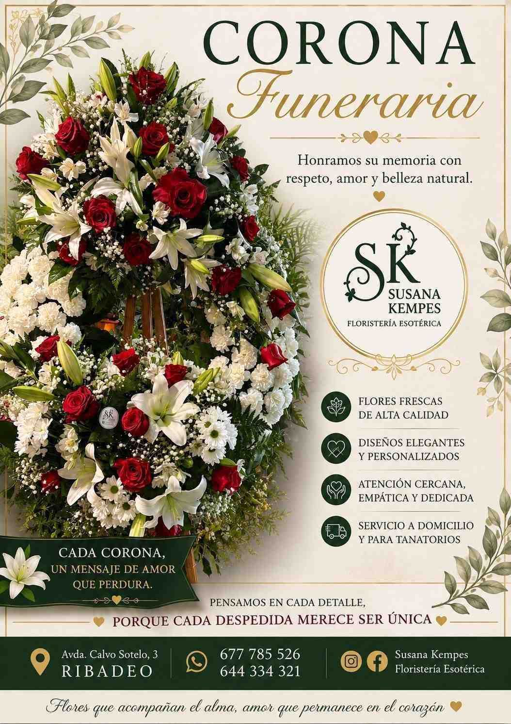 Anuncio de corona funeraria con flores rojas, blancas y color crema sobre un fondo beige.