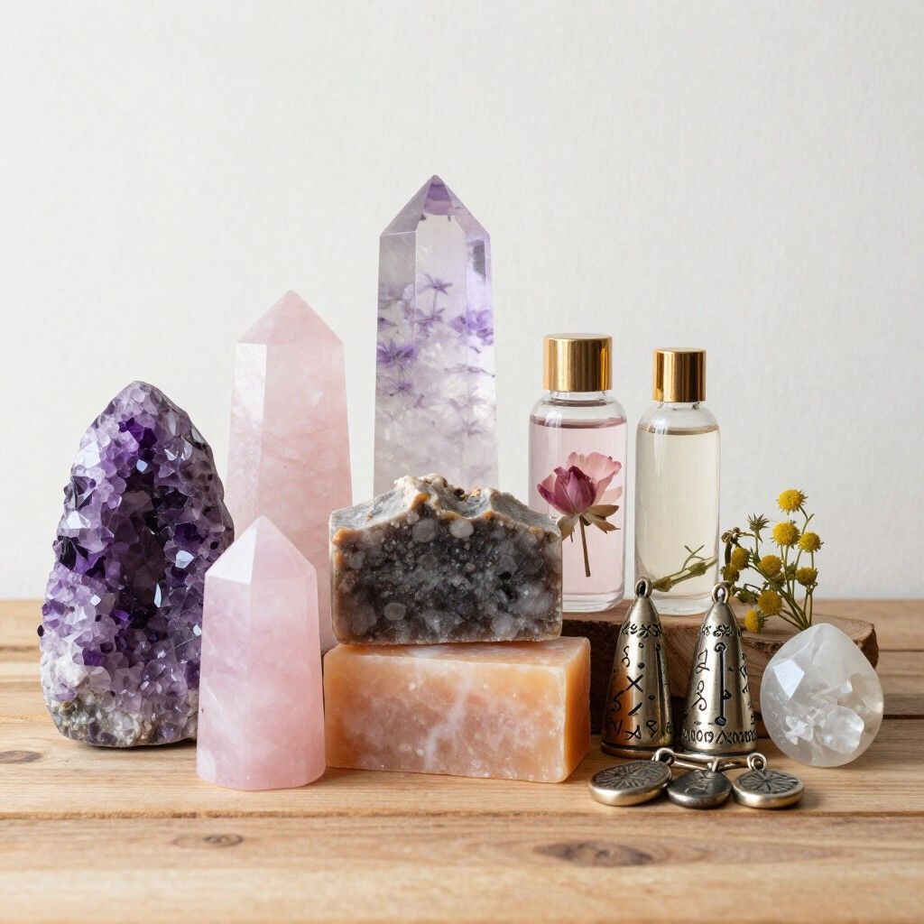 Exhibición de cristal con piedras preciosas rosas y moradas, frascos de perfume y pequeños objetos decorativos sobre una superficie de madera.