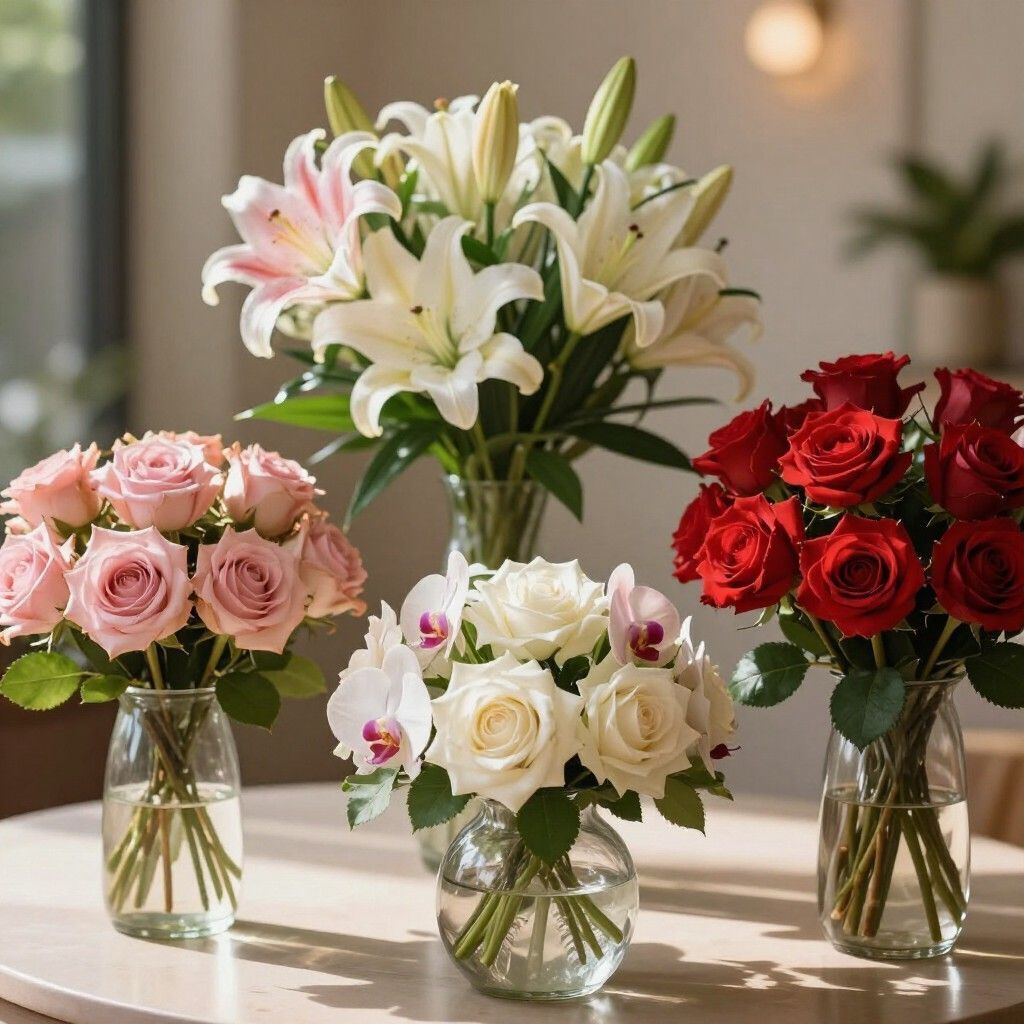 Cuatro ramos de flores en jarrones de cristal: rosas rosadas, lirios blancos, rosas blancas y rosas rojas sobre una mesa.