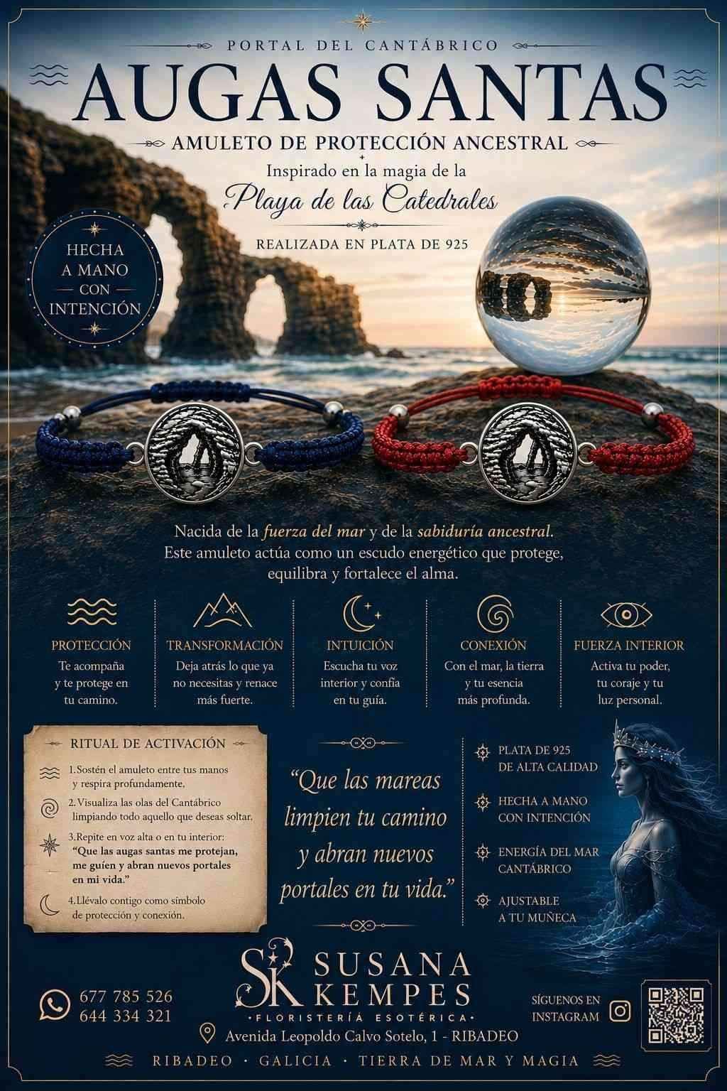 Cartel del evento Augas Santas con texto dorado, puesta de sol en la costa, fotos circulares y logotipos de patrocinadores sobre un fondo azul oscuro.