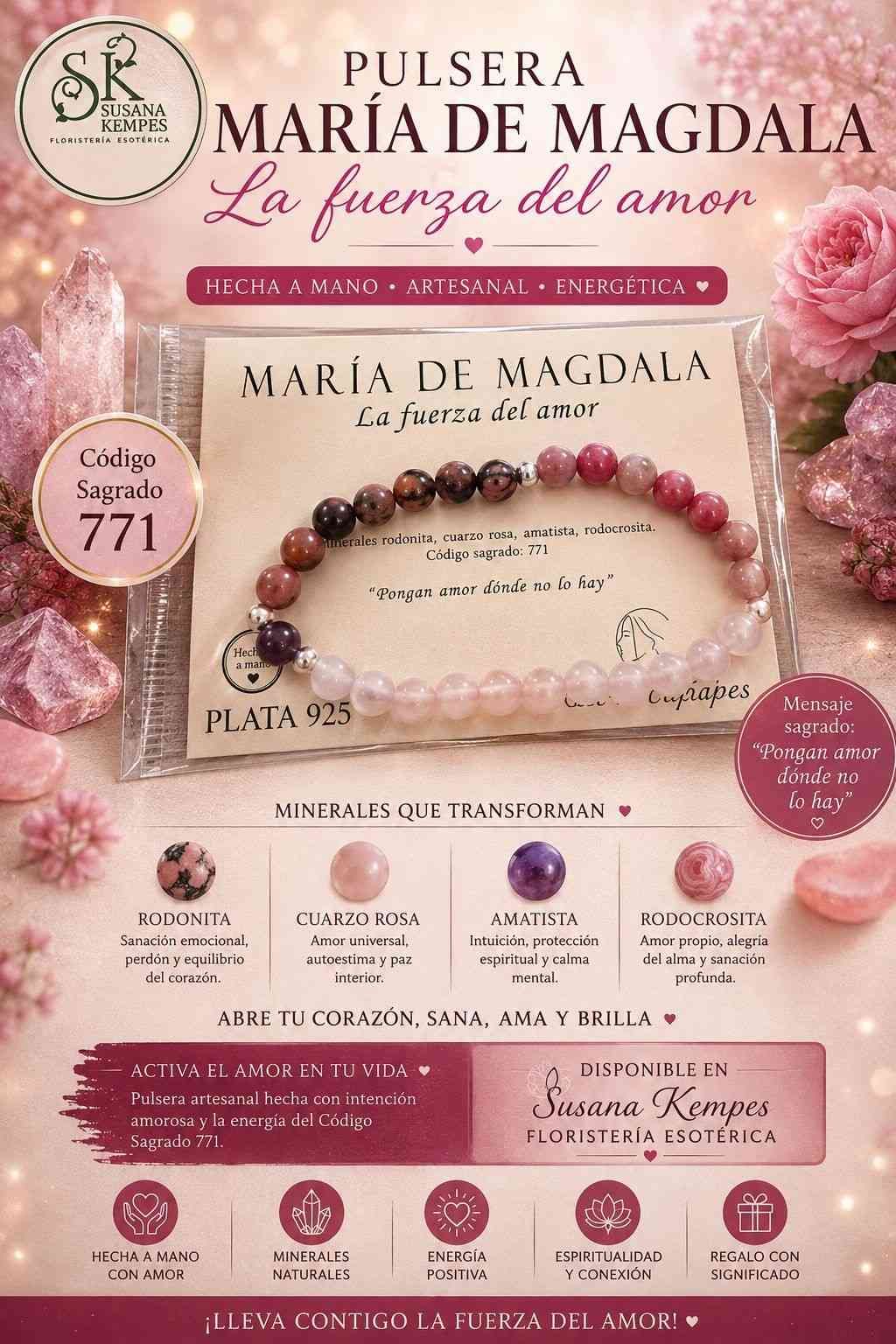 Anuncio de joyería rosa para “Pulsera María Magdalena”, con piedras de cuarzo rosa y detalles del producto en español.